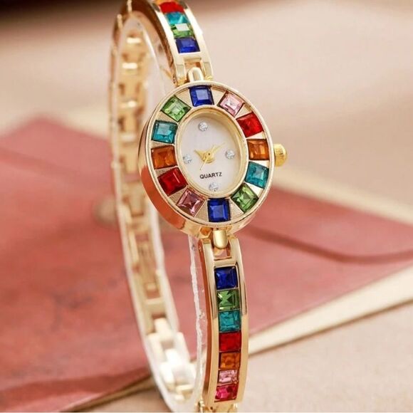 SALE 18k Gold Filled Crystal Quartz Rainbow Color Block Wrist Watch - Picture 5 of 8